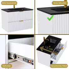 HD Ravello Matt White 60 komplett fürdőszoba bútor szett fali mosdószekrénnyel, szálcsiszolt arany fogantyúkkal, matt fekete slim mosdóval, tükörrel és magasszekrénnyel