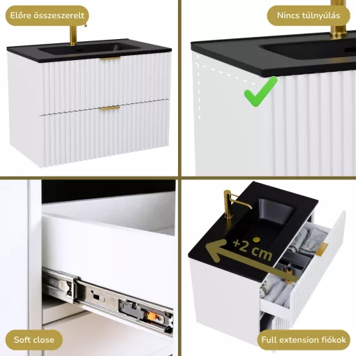 HD Ravello Matt White 60 komplett fürdőszoba bútor szett fali mosdószekrénnyel, szálcsiszolt arany fogantyúkkal, matt fekete slim mosdóval, tükörrel és magasszekrénnyel