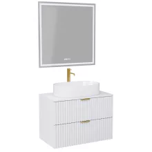 HD Rapallo Matt White 60 komplett fürdőszoba bútor fali mosdószekrénnyel, szálcsiszolt arany fogantyúkkal, matt fehér mosdópulttal és tükörrel