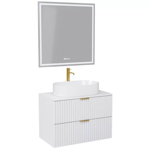 HD Rapallo Matt White 60 komplett fürdőszoba bútor fali mosdószekrénnyel, szálcsiszolt arany fogantyúkkal, matt fehér mosdópulttal és tükörrel