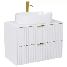 HD Rapallo Matt White 60 komplett fürdőszoba bútor fali mosdószekrénnyel, szálcsiszolt arany fogantyúkkal, matt fehér mosdópulttal és tükörrel