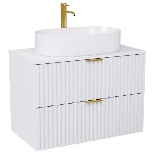 HD Rapallo Matt White 60 komplett fürdőszoba bútor fali mosdószekrénnyel, szálcsiszolt arany fogantyúkkal, matt fehér mosdópulttal és tükörrel