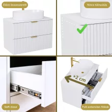 HD Rapallo Matt White 60 komplett fürdőszoba bútor fali mosdószekrénnyel, szálcsiszolt arany fogantyúkkal, matt fehér mosdópulttal és tükörrel