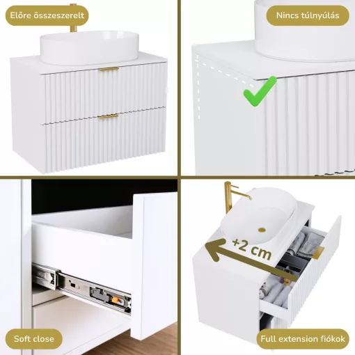 HD Rapallo Matt White 60 komplett fürdőszoba bútor fali mosdószekrénnyel, szálcsiszolt arany fogantyúkkal, matt fehér mosdópulttal és tükörrel
