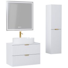 HD Rapallo Matt White 60 komplett fürdőszoba bútor szett fali mosdószekrénnyel, szálcsiszolt arany fogantyúval, matt fehér mosdópulttal, tükörrel és magasszekrénnyel
