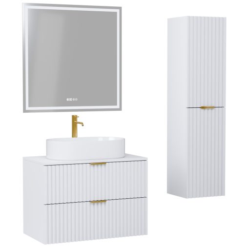 HD Rapallo Matt White 60 komplett fürdőszoba bútor szett fali mosdószekrénnyel, szálcsiszolt arany fogantyúval, matt fehér mosdópulttal, tükörrel és magasszekrénnyel