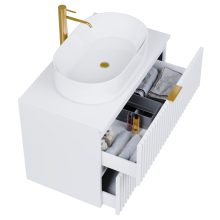 HD Rapallo Matt White 60 komplett fürdőszoba bútor szett fali mosdószekrénnyel, szálcsiszolt arany fogantyúval, matt fehér mosdópulttal, tükörrel és magasszekrénnyel