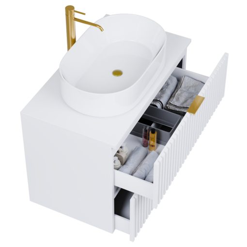 HD Rapallo Matt White 60 komplett fürdőszoba bútor szett fali mosdószekrénnyel, szálcsiszolt arany fogantyúval, matt fehér mosdópulttal, tükörrel és magasszekrénnyel