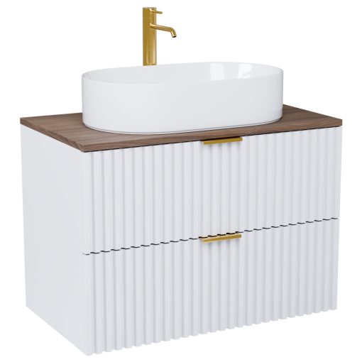 HD Rapallo Matt White 60 fali mosdószekrény tölgyfa színű mosdópulttal és szálcsiszolt arany fogantyúkkal