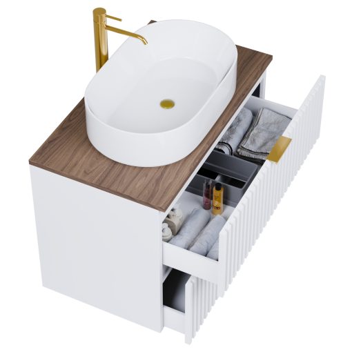 HD Rapallo Matt White 60 fali mosdószekrény tölgyfa színű mosdópulttal és szálcsiszolt arany fogantyúkkal