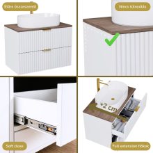 HD Rapallo Matt White 60 fali mosdószekrény tölgyfa színű mosdópulttal és szálcsiszolt arany fogantyúkkal