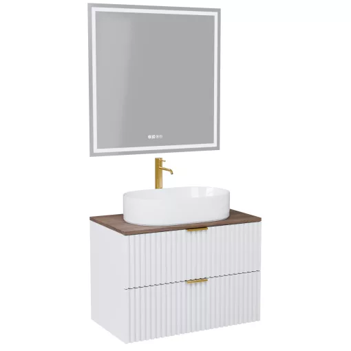 HD Rapallo Matt White 60 komplett fürdőszoba bútor fali mosdószekrénnyel, szálcsiszolt arany fogantyúkkal, tölgyfa színű mosdópulttal és tükörrel