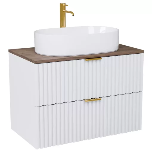 HD Rapallo Matt White 60 komplett fürdőszoba bútor fali mosdószekrénnyel, szálcsiszolt arany fogantyúkkal, tölgyfa színű mosdópulttal és tükörrel