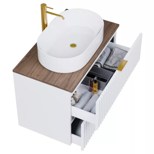 HD Rapallo Matt White 60 komplett fürdőszoba bútor fali mosdószekrénnyel, szálcsiszolt arany fogantyúkkal, tölgyfa színű mosdópulttal és tükörrel