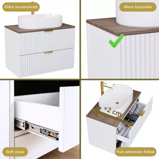 HD Rapallo Matt White 60 komplett fürdőszoba bútor fali mosdószekrénnyel, szálcsiszolt arany fogantyúkkal, tölgyfa színű mosdópulttal és tükörrel