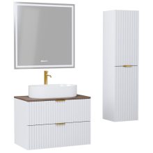 HD Rapallo Matt White 60 komplett fürdőszoba bútor szett fali mosdószekrénnyel, szálcsiszolt arany fogantyúval, tölgyfa színű mosdópulttal, tükörrel és magasszekrénnyel