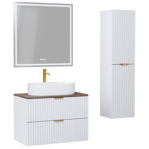 HD Rapallo Matt White 60 komplett fürdőszoba bútor szett fali mosdószekrénnyel, szálcsiszolt arany fogantyúval, tölgyfa színű mosdópulttal, tükörrel és magasszekrénnyel