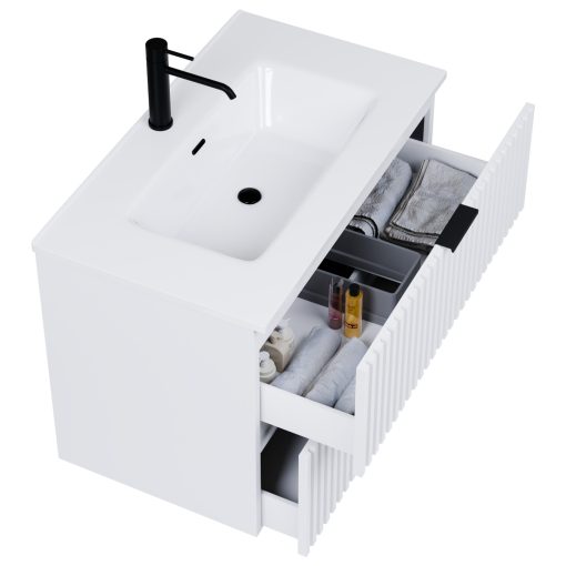 HD Ravello Matt White 60 komplett fürdőszoba bútor fali mosdószekrénnyel, matt fekete fogantyúkkal, fényes fehér slim mosdóval és tükörrel