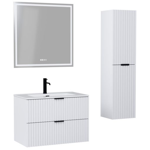 HD Ravello Matt White 60 komplett fürdőszoba bútor szett fali mosdószekrénnyel, matt fekete fogantyúkkal, fényes fehér slim mosdóval, tükörrel és magasszekrénnyel