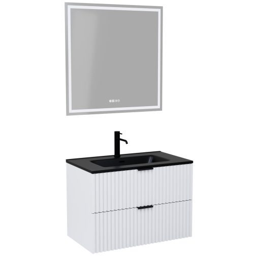 HD Ravello Matt White 60 komplett fürdőszoba bútor fali mosdószekrénnyel, matt fekete fogantyúkkal, matt fekete slim mosdóval és tükörrel