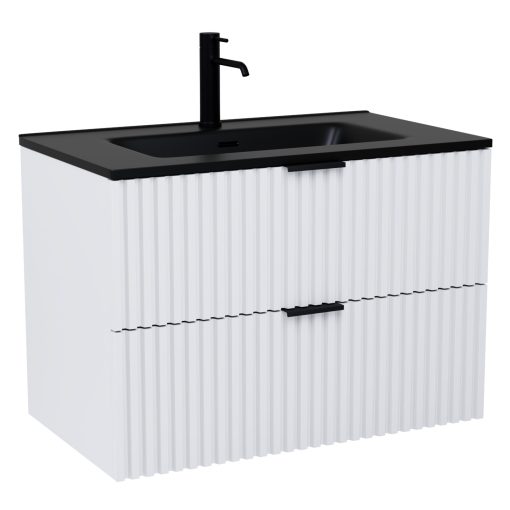 HD Ravello Matt White 60 komplett fürdőszoba bútor fali mosdószekrénnyel, matt fekete fogantyúkkal, matt fekete slim mosdóval és tükörrel