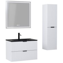 HD Ravello Matt White 60 komplett fürdőszoba bútor szett fali mosdószekrénnyel, matt fekete fogantyúkkal, matt fekete slim mosdóval, tükörrel és magasszekrénnyel