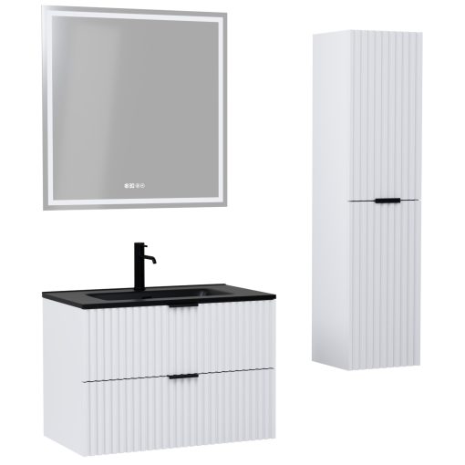 HD Ravello Matt White 60 komplett fürdőszoba bútor szett fali mosdószekrénnyel, matt fekete fogantyúkkal, matt fekete slim mosdóval, tükörrel és magasszekrénnyel