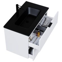 HD Ravello Matt White 60 komplett fürdőszoba bútor szett fali mosdószekrénnyel, matt fekete fogantyúkkal, matt fekete slim mosdóval, tükörrel és magasszekrénnyel