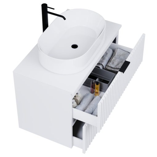 HD Rapallo Matt White 60/80 fali mosdószekrény matt fehér mosdópulttal és matt fekete fogantyúkkal