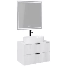 HD Rapallo Matt White 60/80 komplett fürdőszoba bútor fali mosdószekrénnyel, matt fekete fogantyúkkal, matt fehér mosdópulttal és tükörrel