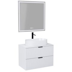   HD Rapallo Matt White 60/80 komplett fürdőszoba bútor fali mosdószekrénnyel, matt fekete fogantyúkkal, matt fehér mosdópulttal és tükörrel