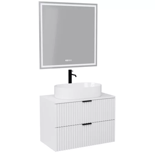 HD Rapallo Matt White 60/80 komplett fürdőszoba bútor fali mosdószekrénnyel, matt fekete fogantyúkkal, matt fehér mosdópulttal és tükörrel
