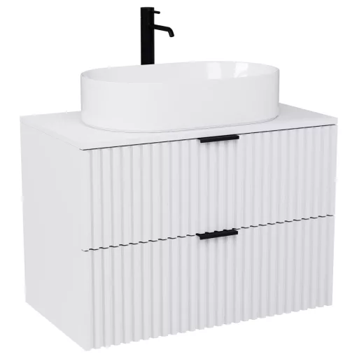 HD Rapallo Matt White 60/80 komplett fürdőszoba bútor fali mosdószekrénnyel, matt fekete fogantyúkkal, matt fehér mosdópulttal és tükörrel