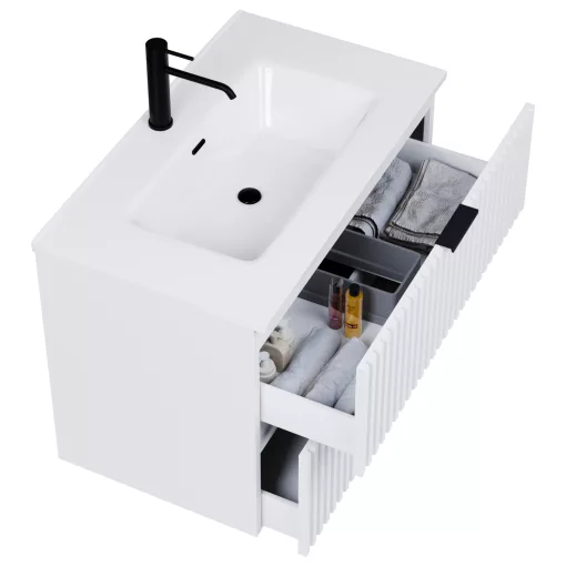 HD Rapallo Matt White 60/80 komplett fürdőszoba bútor fali mosdószekrénnyel, matt fekete fogantyúkkal, matt fehér mosdópulttal és tükörrel