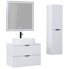   HD Rapallo Matt White 60/80 komplett fürdőszoba bútor szett fali mosdószekrénnyel, matt fekete fogantyúval, matt fehér mosdópulttal, tükörrel és magasszekrénnyel