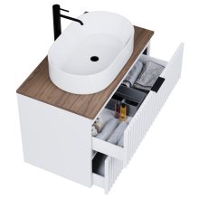 HD Rapallo Matt White 60 fali mosdószekrény tölgyfa színű mosdópulttal és matt fekete fogantyúkkal