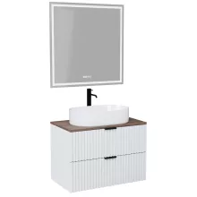 HD Rapallo Matt White 60 komplett fürdőszoba bútor fali mosdószekrénnyel, matt fekete fogantyúkkal, tölgyfa színű mosdópulttal és tükörrel