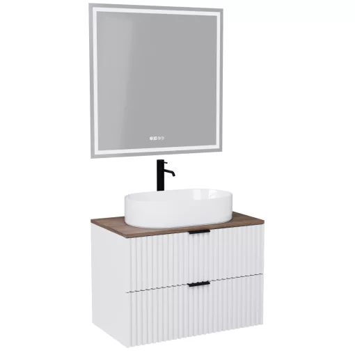 HD Rapallo Matt White 60 komplett fürdőszoba bútor fali mosdószekrénnyel, matt fekete fogantyúkkal, tölgyfa színű mosdópulttal és tükörrel
