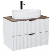 HD Rapallo Matt White 60 komplett fürdőszoba bútor fali mosdószekrénnyel, matt fekete fogantyúkkal, tölgyfa színű mosdópulttal és tükörrel