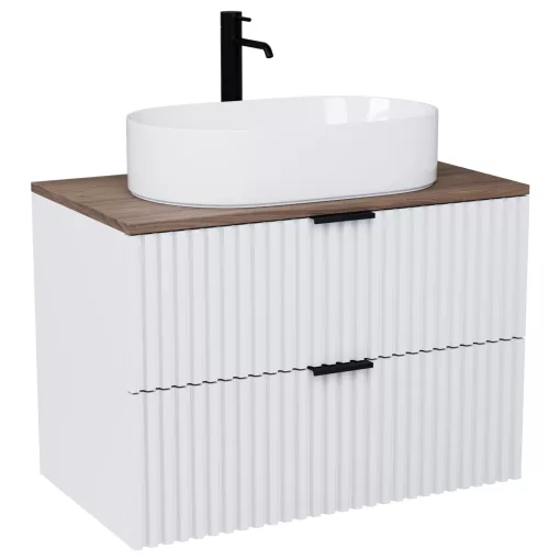 HD Rapallo Matt White 60 komplett fürdőszoba bútor fali mosdószekrénnyel, matt fekete fogantyúkkal, tölgyfa színű mosdópulttal és tükörrel