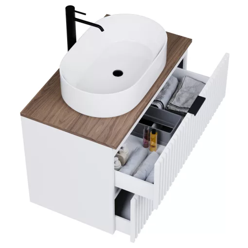 HD Rapallo Matt White 60 komplett fürdőszoba bútor fali mosdószekrénnyel, matt fekete fogantyúkkal, tölgyfa színű mosdópulttal és tükörrel