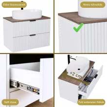 HD Rapallo Matt White 60 komplett fürdőszoba bútor fali mosdószekrénnyel, matt fekete fogantyúkkal, tölgyfa színű mosdópulttal és tükörrel