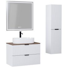 HD Rapallo Matt White 60 komplett fürdőszoba bútor szett fali mosdószekrénnyel, matt fekete fogantyúval, tölgyfa színű mosdópulttal, tükörrel és magasszekrénnyel