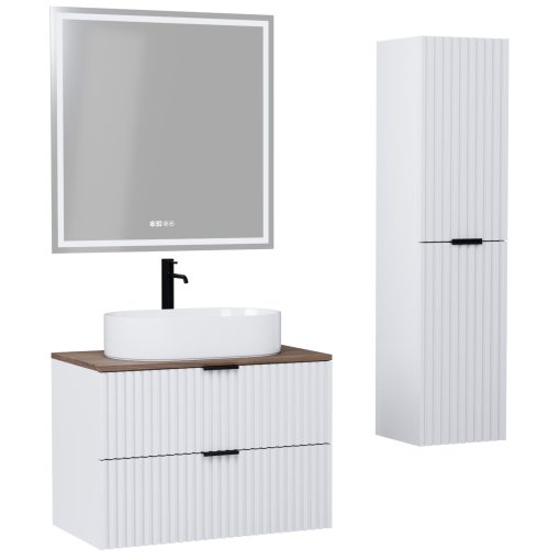HD Rapallo Matt White 60 komplett fürdőszoba bútor szett fali mosdószekrénnyel, matt fekete fogantyúval, tölgyfa színű mosdópulttal, tükörrel és magasszekrénnyel