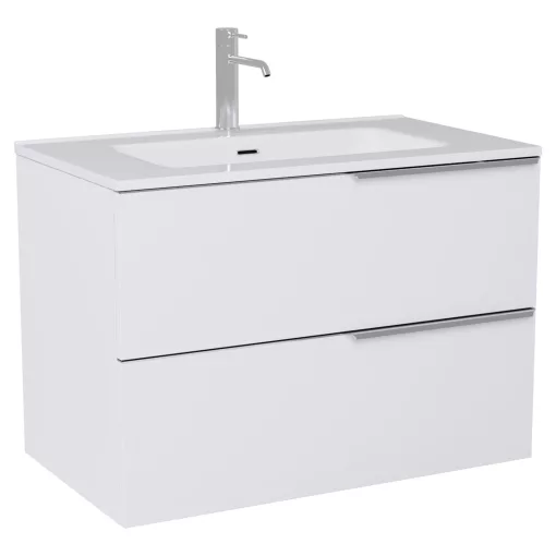 HD Cremona Matt White 60 komplett fürdőszoba bútor szett fali mosdószekrénnyel, fényes króm fogantyúkkal, fényes fehér slim mosdóval, tükörrel és magasszekrénnyel