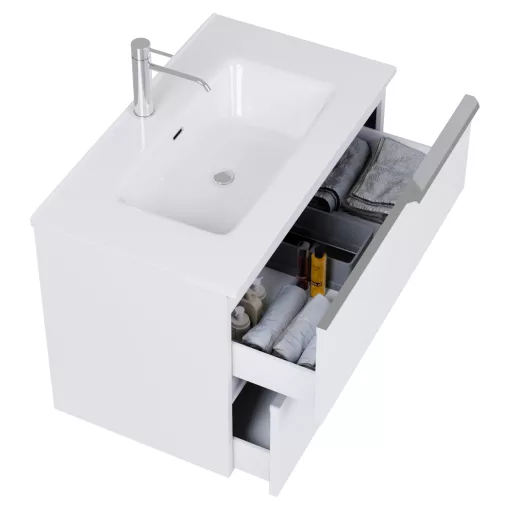 HD Cremona Matt White 60 komplett fürdőszoba bútor szett fali mosdószekrénnyel, fényes króm fogantyúkkal, fényes fehér slim mosdóval, tükörrel és magasszekrénnyel