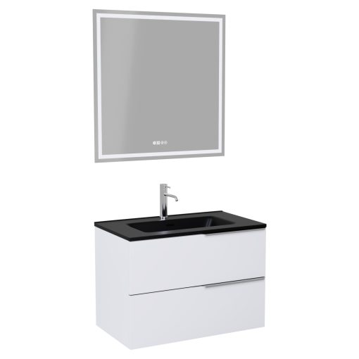 HD Cremona Matt White 60 komplett fürdőszoba bútor fali mosdószekrénnyel, fényes króm fogantyúkkal, matt fekete slim mosdóval és tükörrel