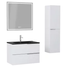 HD Cremona Matt White 60 komplett fürdőszoba bútor szett fali mosdószekrénnyel, fényes króm fogantyúkkal, matt fekete slim mosdóval, tükörrel és magasszekrénnyel