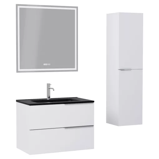 HD Cremona Matt White 60 komplett fürdőszoba bútor szett fali mosdószekrénnyel, fényes króm fogantyúkkal, matt fekete slim mosdóval, tükörrel és magasszekrénnyel
