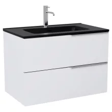 HD Cremona Matt White 60 komplett fürdőszoba bútor szett fali mosdószekrénnyel, fényes króm fogantyúkkal, matt fekete slim mosdóval, tükörrel és magasszekrénnyel